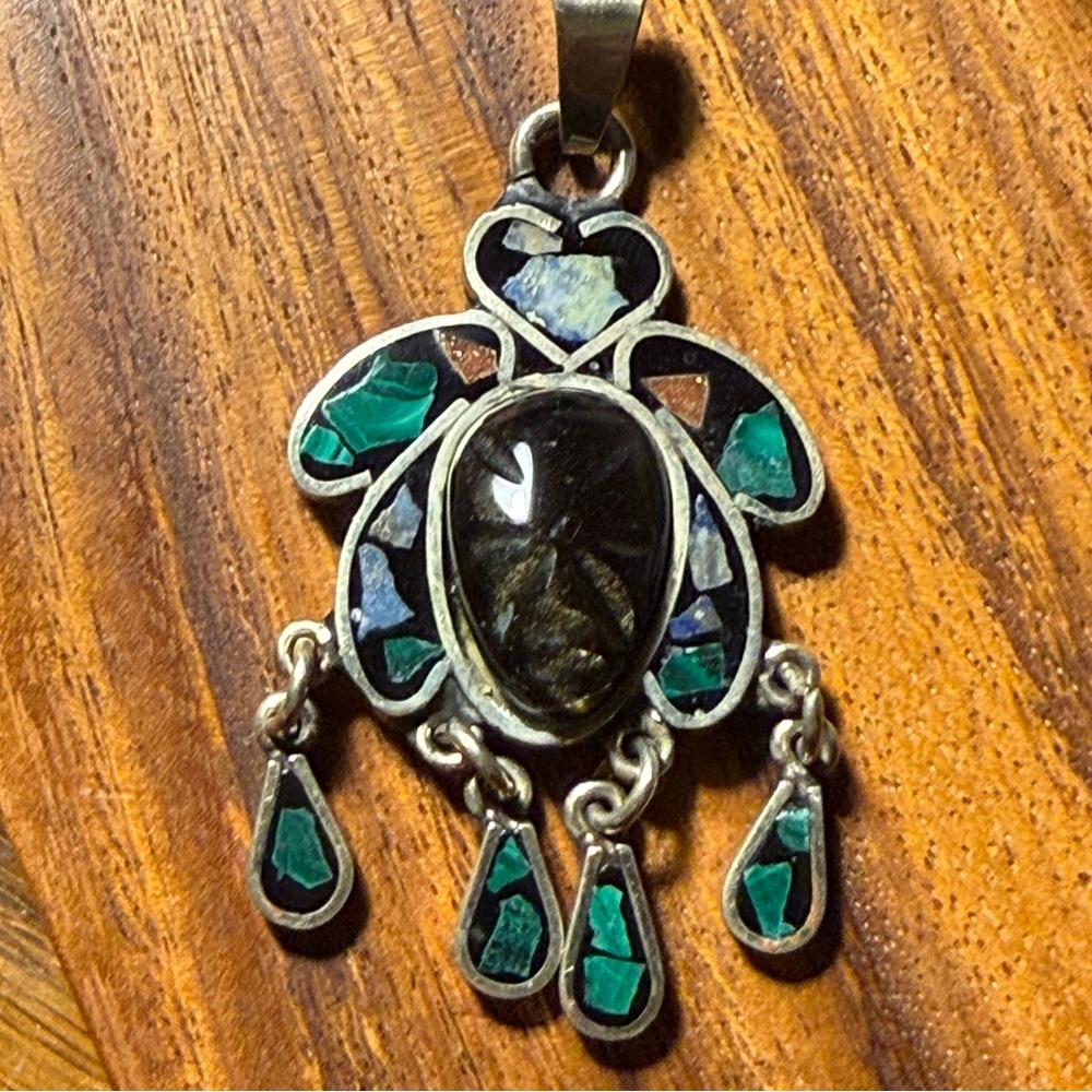Vintage Mexican Sterling Silver Aztec Mask Pendant - Carved Onyx & Malachite